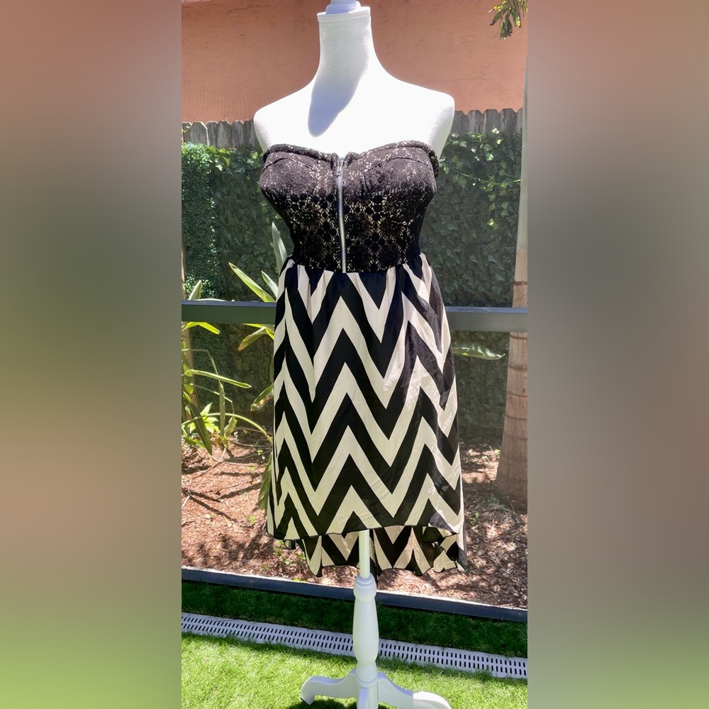 Black and Tan Lace and Chevron High-Low Strapless Dress. Miss Chievous. Size M.